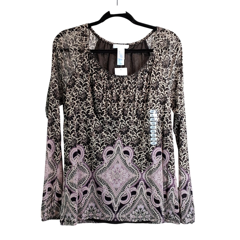 Lizwear Womens Large Brown Lavender Paisley Mesh Long Sleeve Scoop Neck NWT